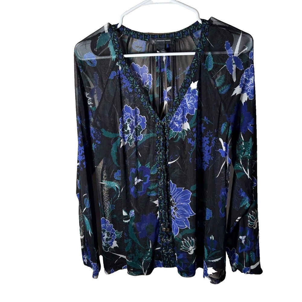 INC International Concepts Blouse Women's Large Mesh Printed Floral V-Neck Top